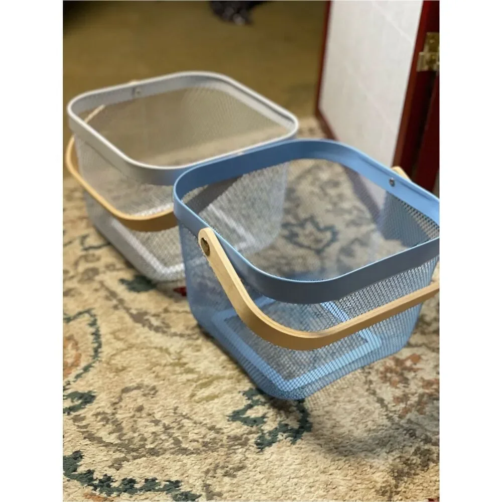 Blue & White Metal Storage Baskets with Natural Wood Handles - Home Accents
